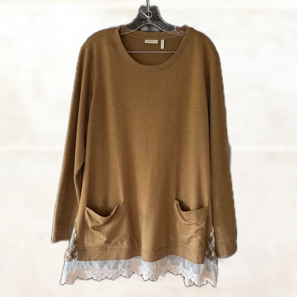 LOGO by Lori Goldstein Sweater Tunic Long Sleeve Plaid Lace XL